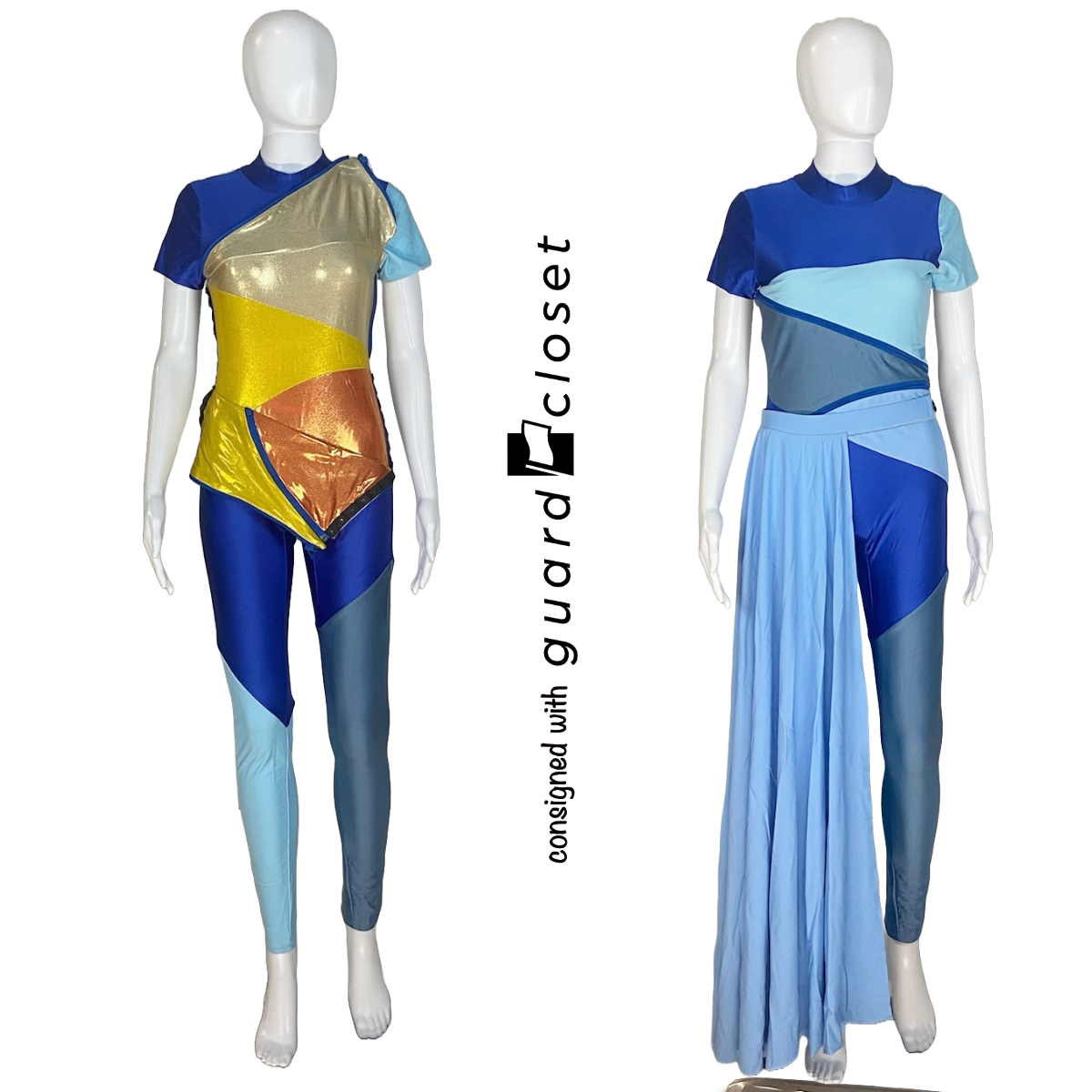 20 Blue to Gold Convertible Reveal Unitards, 15 Blue Skirts, and 26 Blue Raincoats by Creative Costuming & Designs