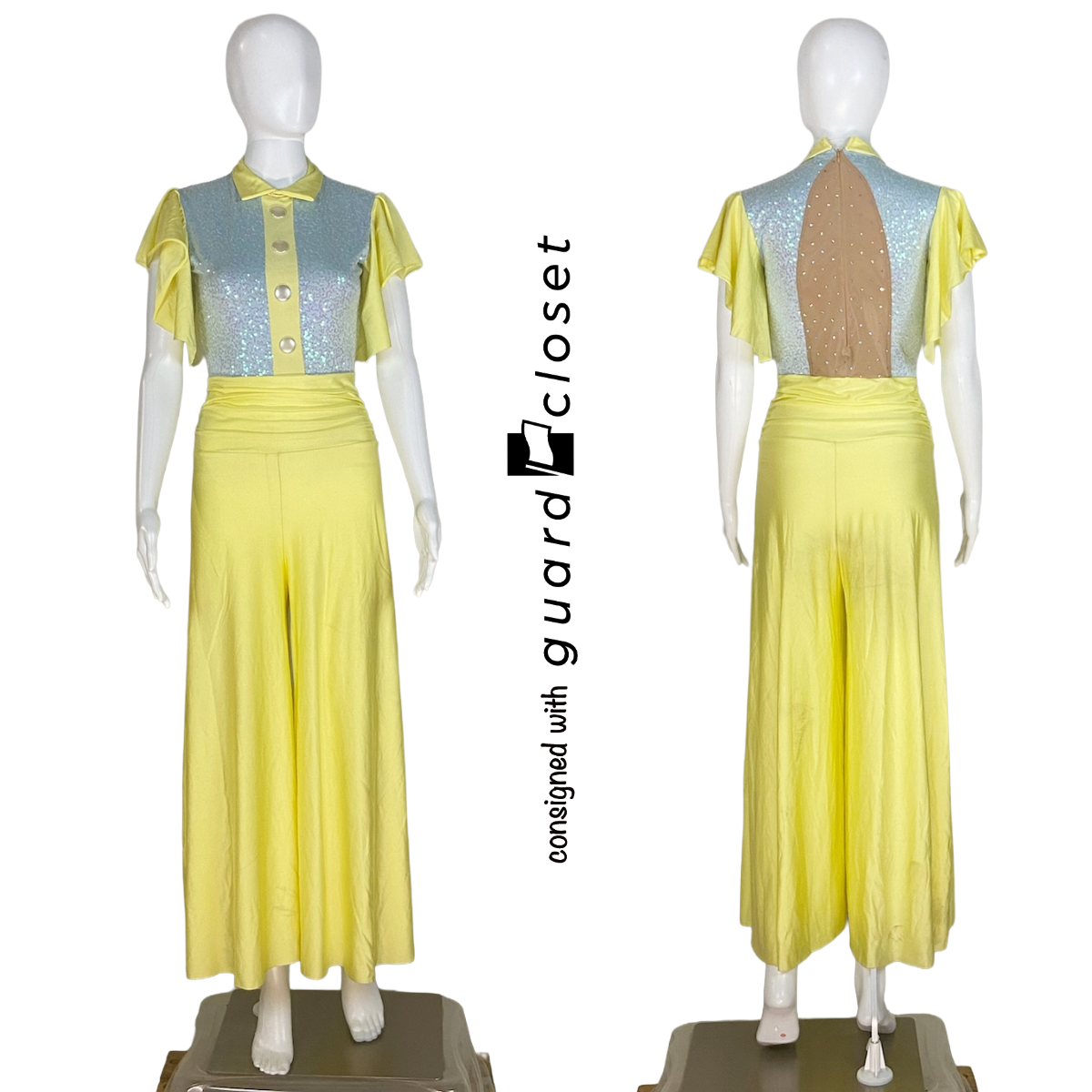 12 Pale Yellow Silver Flutter Sleeve Wide Leg Unitards by A Wish Come True
