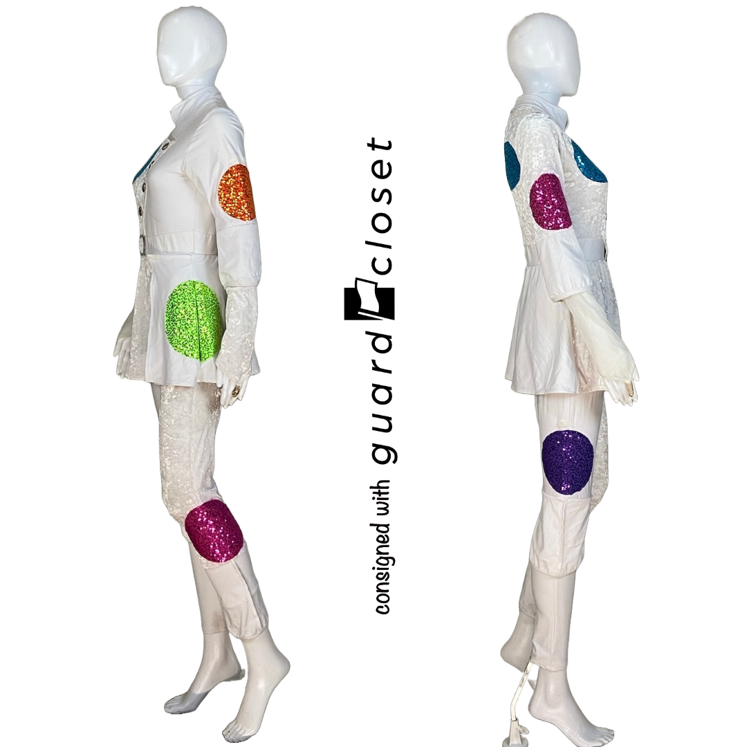 38 Long Sleeve White Skirted unitards with multi color circle accents by Dance Sophisticates
