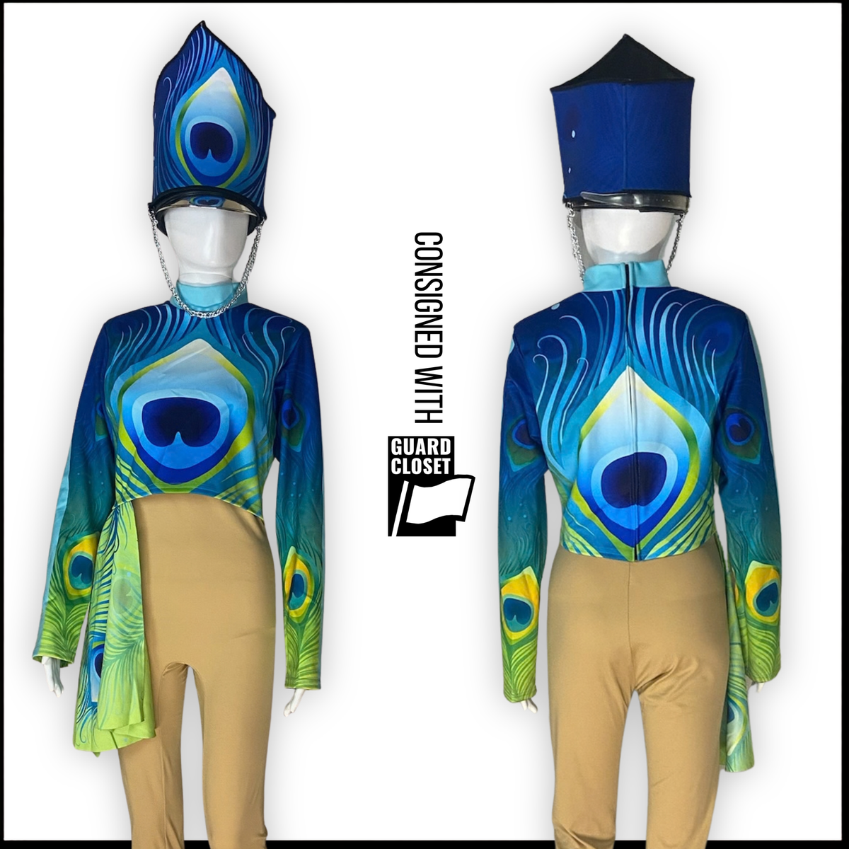 Blue Green Peacock Feather Performance Tops and Shako Wraps  | Dance Sophisticates | Set of 39