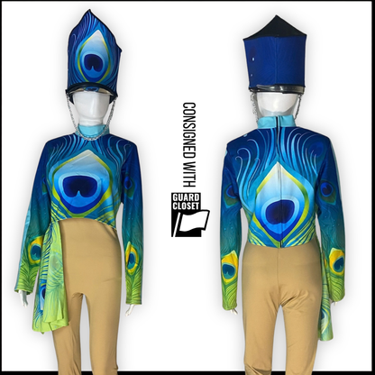 Blue Green Peacock Feather Performance Tops and Shako Wraps  | Dance Sophisticates | Set of 39