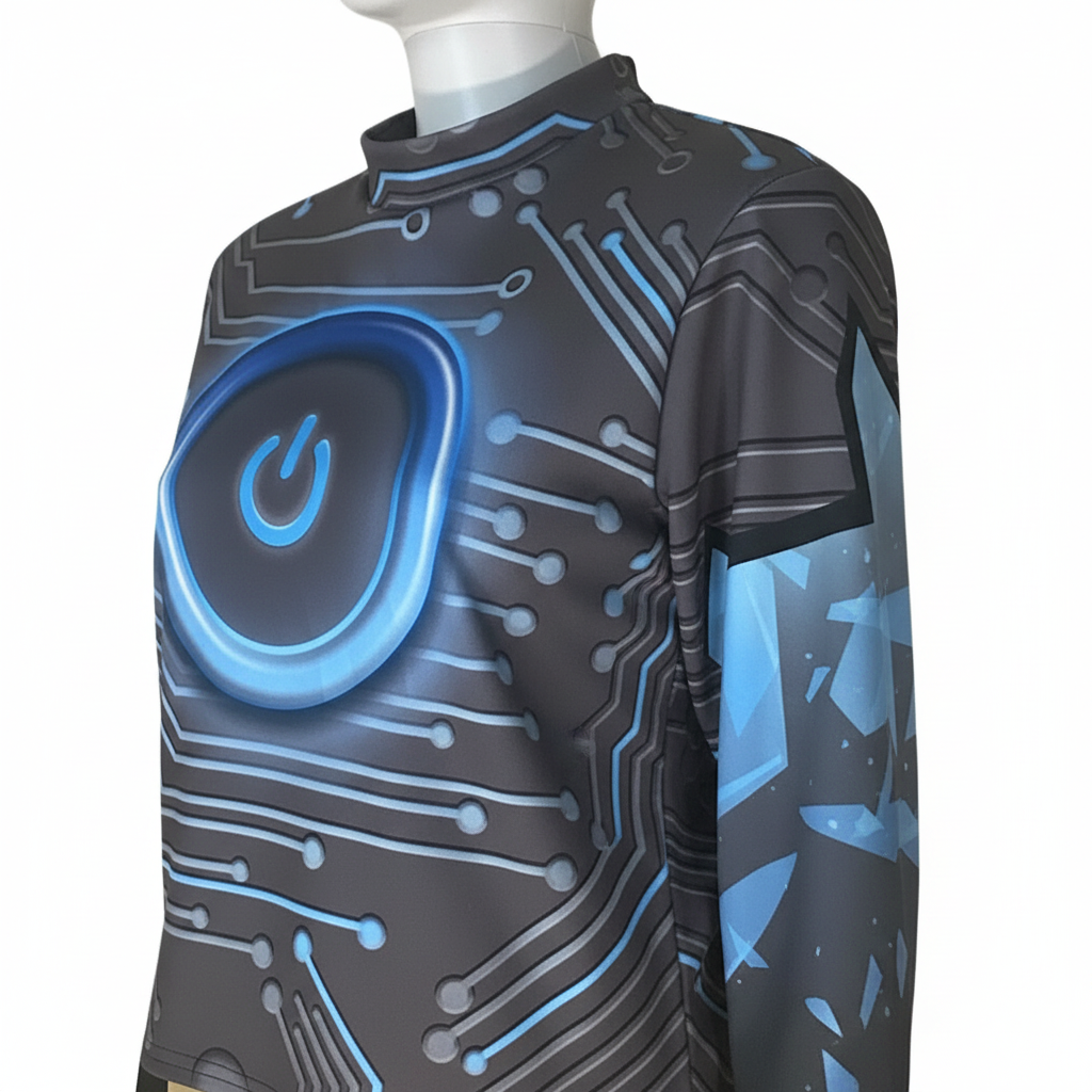 A long-sleeve mock-neck marching band shirt displayed, featuring a dark gray and black circuit board pattern with glowing blue lines, a large power button symbol on the chest, and blue geometric accents on the sleeve.