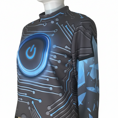 A long-sleeve mock-neck marching band shirt displayed, featuring a dark gray and black circuit board pattern with glowing blue lines, a large power button symbol on the chest, and blue geometric accents on the sleeve.