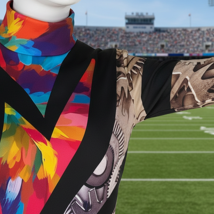 A close-up of a long-sleeve mock-neck top featuring a bold, split design: one side has a vibrant multicolor abstract print, and the other side has a steampunk-inspired gear and cogs pattern on a black background.