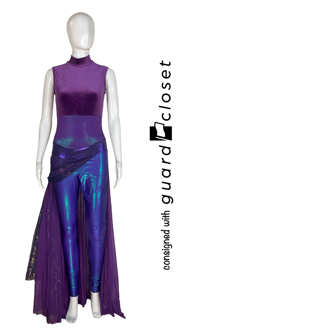 13 Purple Gold Sleeveless Skirted Unitards + 1 Bib Pants and Sleeveless Top  by Creative Costuming & Designs