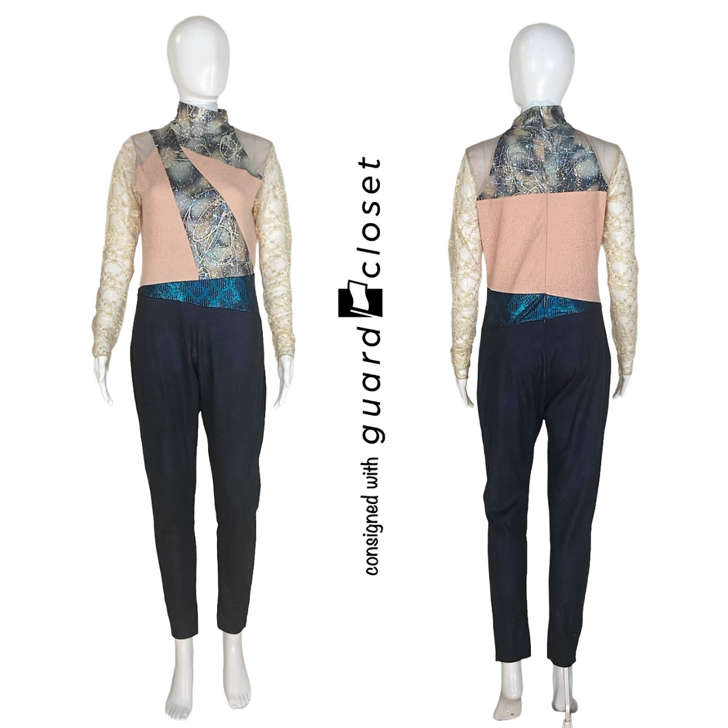 14 Pink and Dark Blue Long Sleeve Unitards