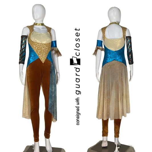 10 Beige Brown Teal Skirted Unitards w/ Arm Bands & Neck Pieces by Creative Costuming & Design