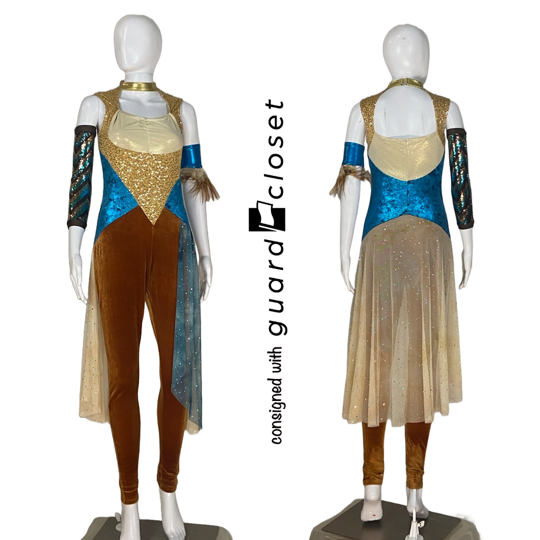 10 Beige Brown Teal Skirted Unitards w/ Arm Bands & Neck Pieces by Creative Costuming & Design