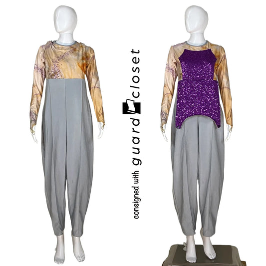 46 Long Sleeve Gray Neutral Unitards w/ Purple Accents & Convertible Reveal Bib by Dance Sophisticates