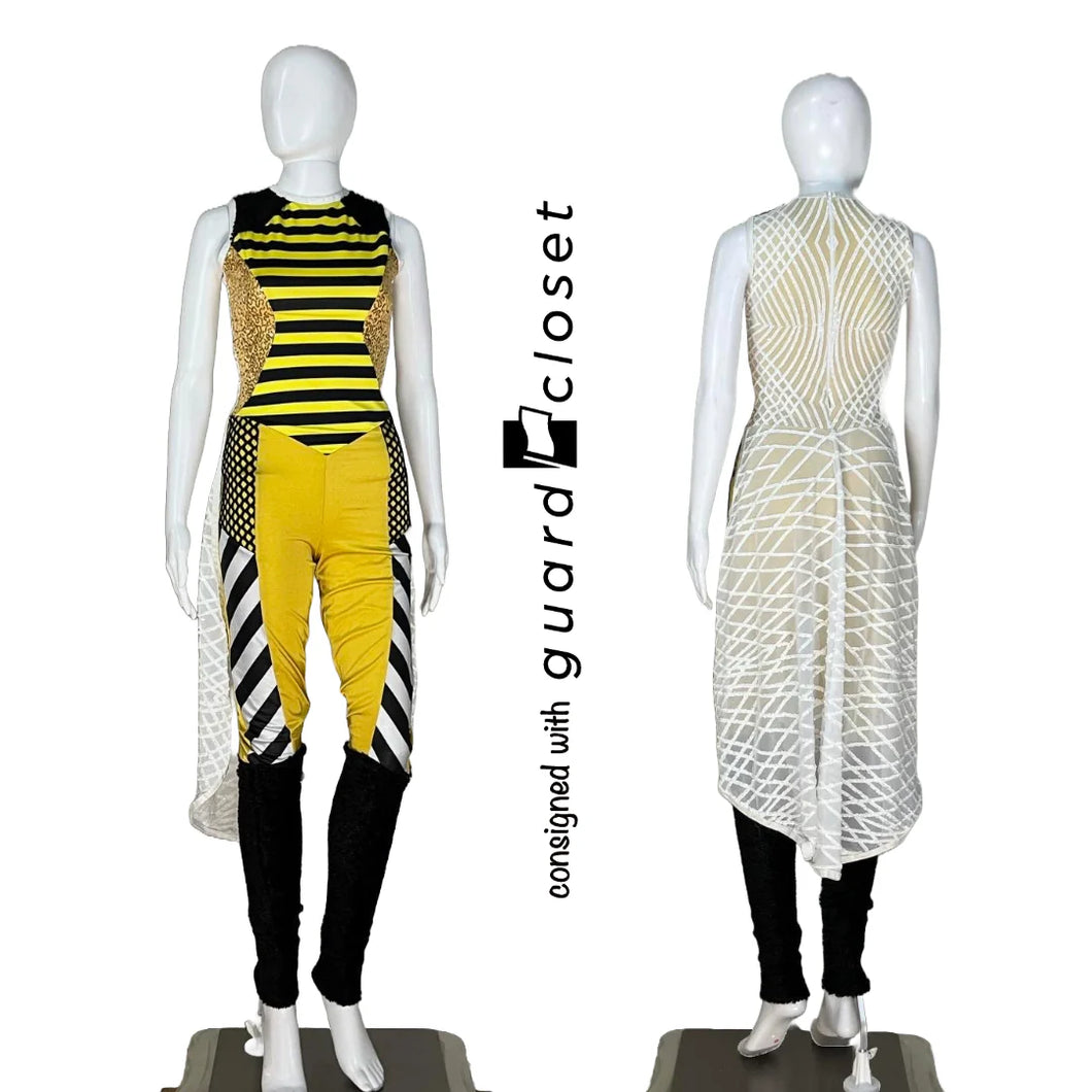 29 sleeveless gold black white bee Georgie Girl skirted unitards