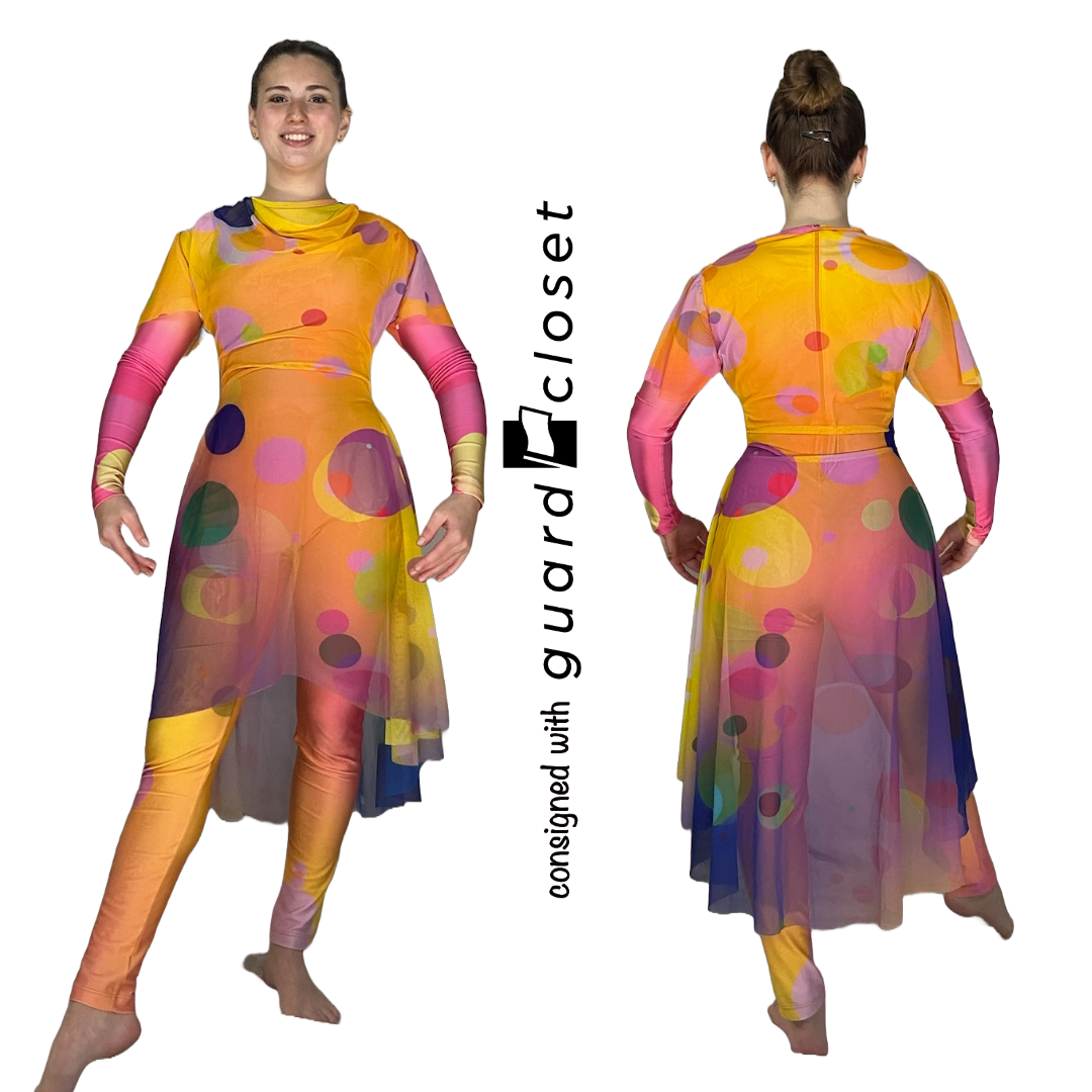 10 Multicolor dot long sleeve unitard w/ short sleeve overlay