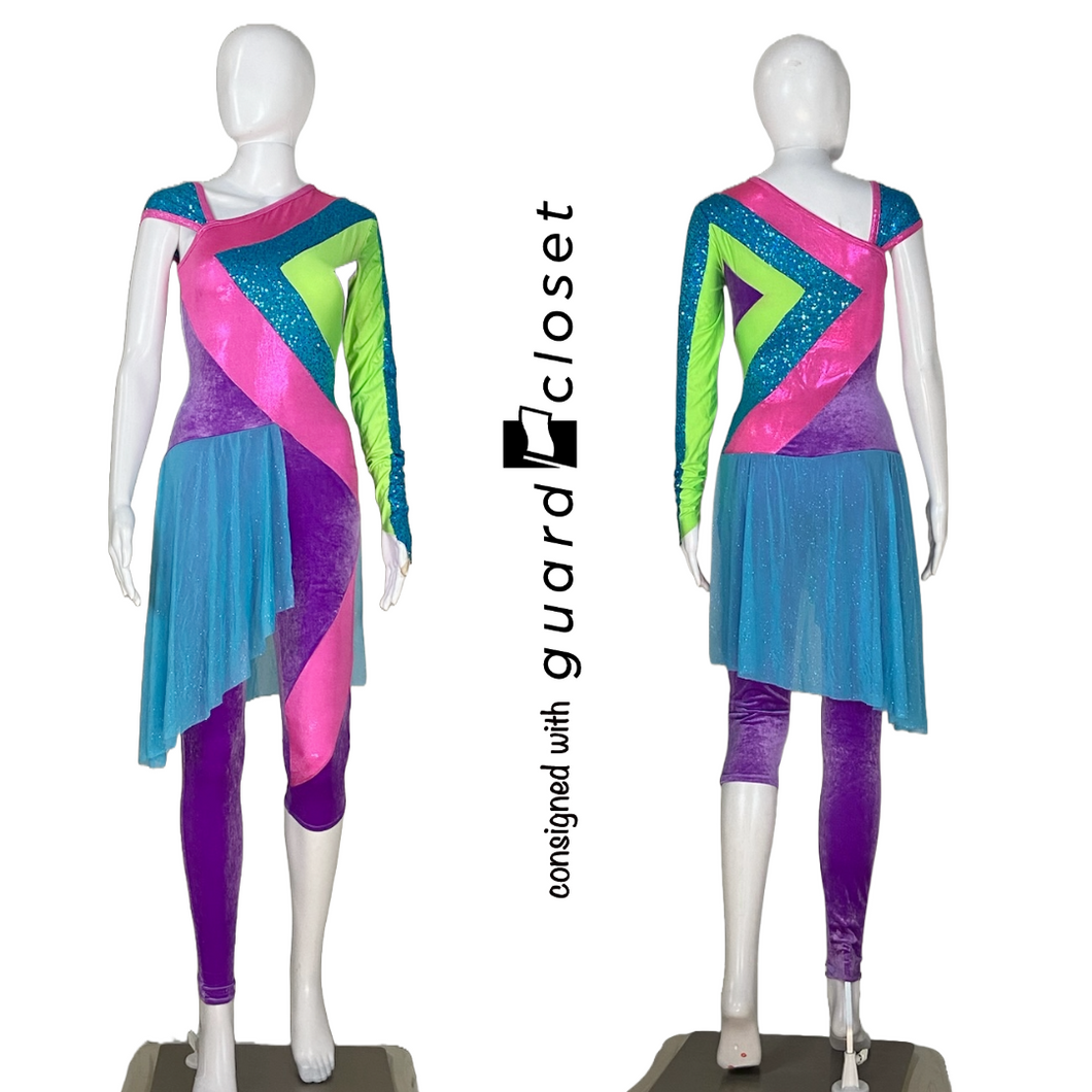 10 One Sleeve Multicolor Neon Skirted Unitards by A Wish Come True