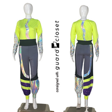 Load image into Gallery viewer, 36 Neon Green Silver Purple Unitards &amp; Zip Up Jackets by Showday Designs
