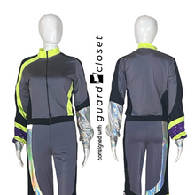 Load image into Gallery viewer, 36 Neon Green Silver Purple Unitards &amp; Zip Up Jackets by Showday Designs
