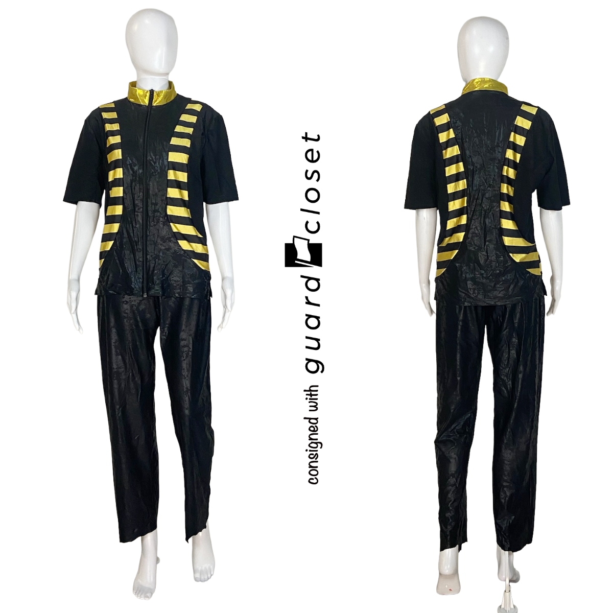 15 Gold Black Rompers with Leggings and Black Bib Pants with Gold Black Zip Up Tops by Creative Costuming & Designs