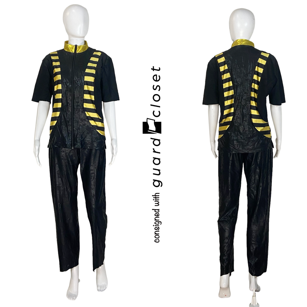 15 Gold Black Rompers with Leggings and Black Bib Pants with Gold Black Zip Up Tops by Creative Costuming & Designs