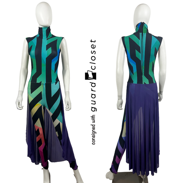 10 Bold multi color black unitards with purple chiffon half skirts by Band Hall