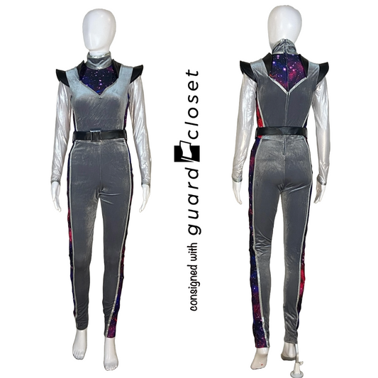 Gray Long Sleeve Unitards w/ Purple & Red Space motif by Dance Sophisticates