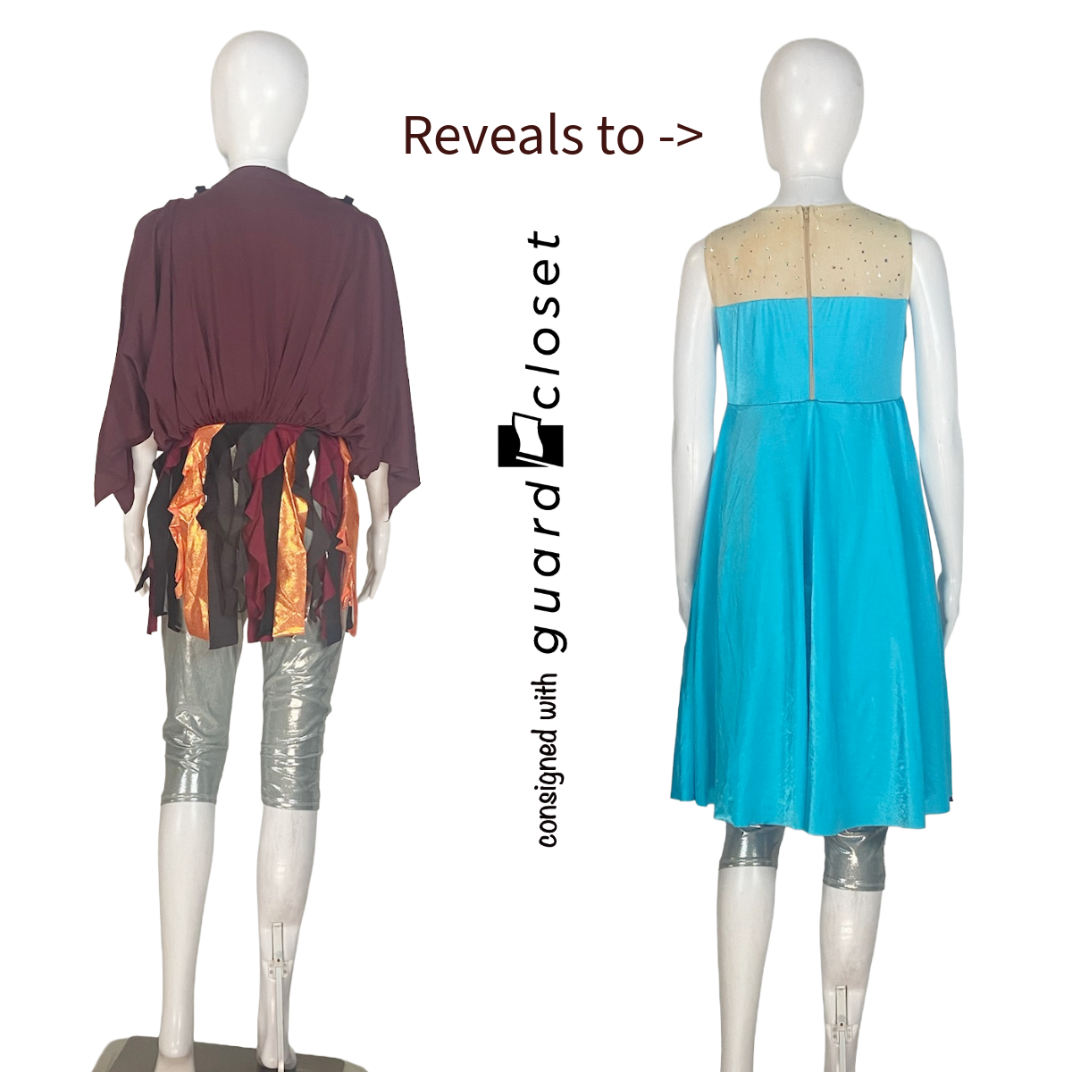 9 Maroon and Orange to Aqua Convertible Reveal Dresses Costumes  by Creative Costuming & Designs