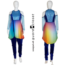 Load image into Gallery viewer, 27 Shades of  Blue Open Shoulder Long Sleeve Unitard With Rainbow Multicolor Apron by Dance Sophisticates
