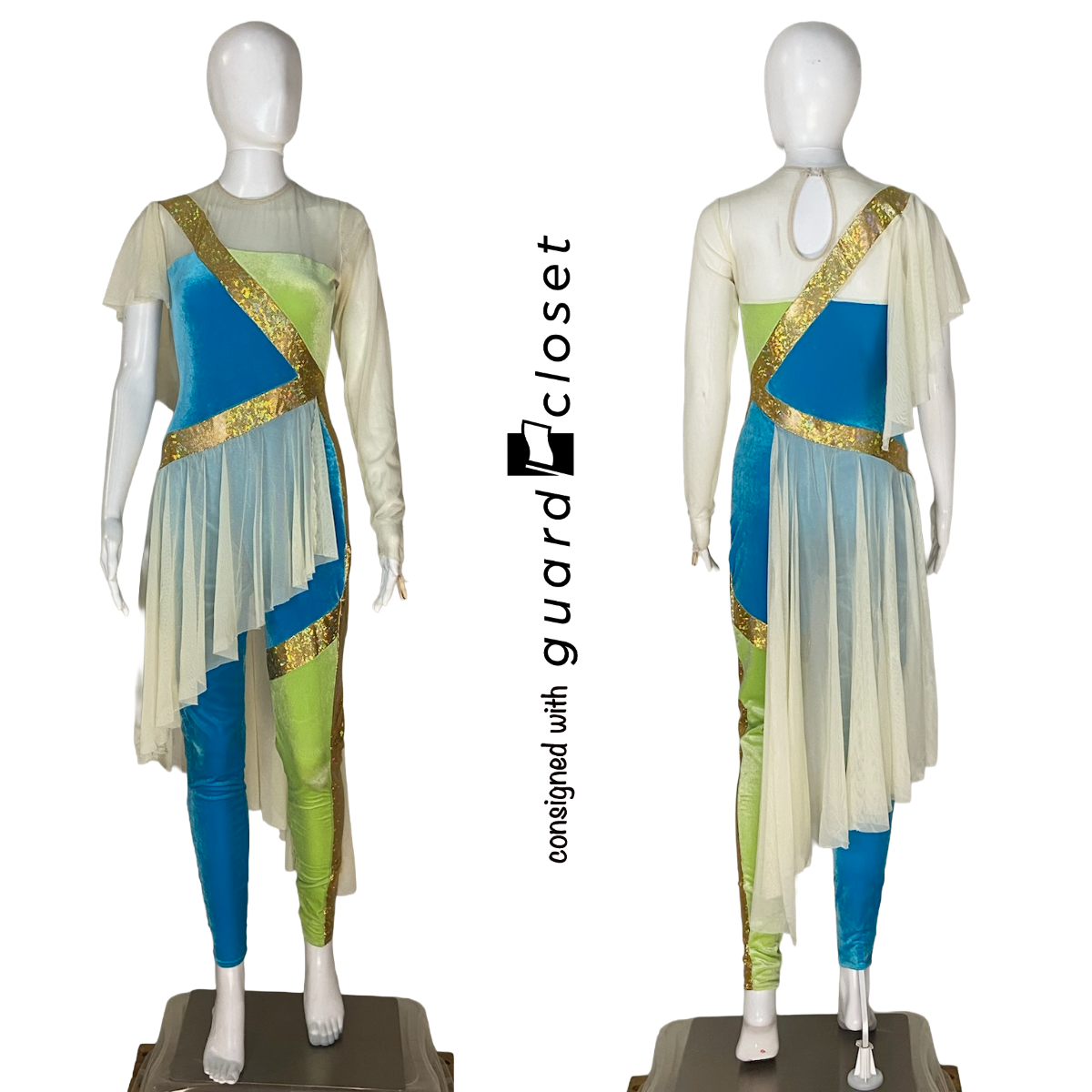 18 Blue Green Gold Beige Asymmetrical Sleeve Unitards + Top/Pants by A Wish Come True