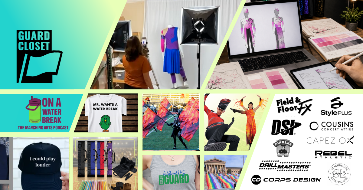 Guard Closet products, custom design, marching arts education, On A Water Break, and vendor partners