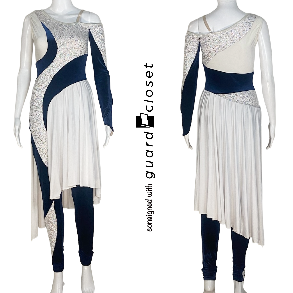 6 Navy and White One Sleeve Skirted Unitards by A Wish Come True