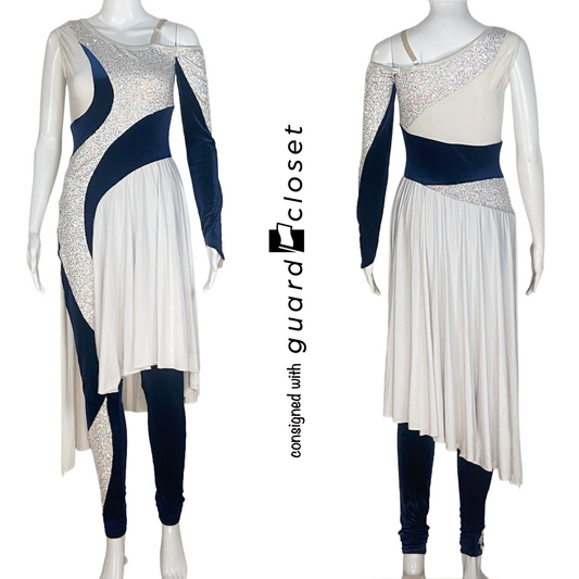 6 Navy and White One Sleeve Skirted Unitards by A Wish Come True