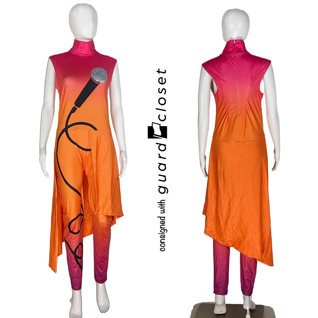 19 Shaded Neon Orange Skirted Long Sleeve and Sleeveless Unitards With Microphone Design by G2 Performance