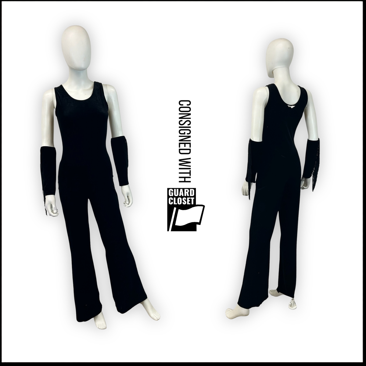 Black velvet halter unitards with fringe arm bands | A Wish Come True | Set of 9