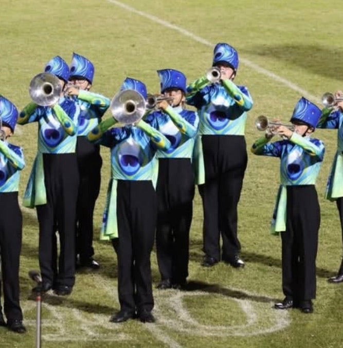 Blue Green Peacock Feather Performance Tops and Shako Wraps  | Dance Sophisticates | Set of 39