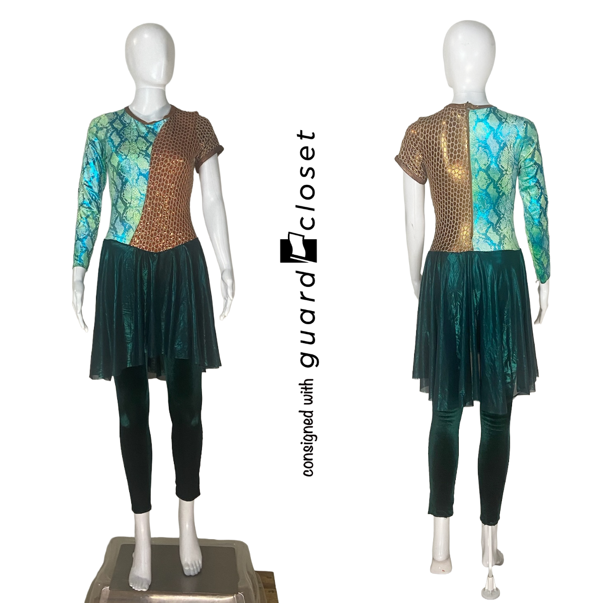 16 Shades of Green and Brown Asymmetrical Sleeve Skirted Unitards