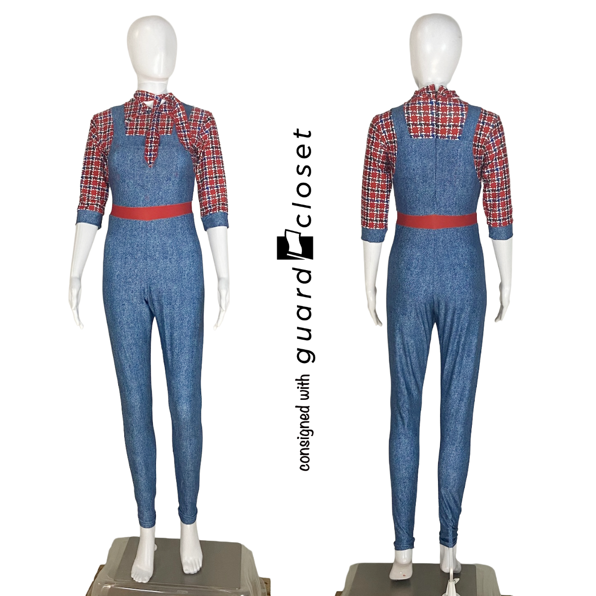 13 Red Plaid Denim Overalls Western Farm Unitards by Showday