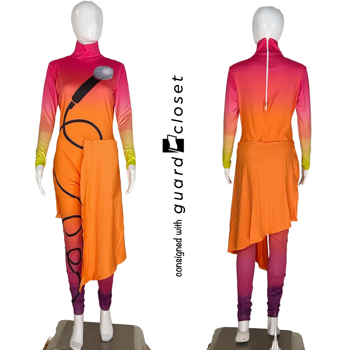 19 Shaded Neon Orange Skirted Long Sleeve and Sleeveless Unitards With Microphone Design by G2 Performance