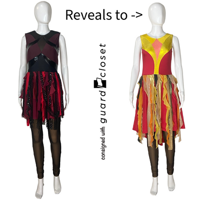 27 Dark Red to Bright Red Orange Yellow Gold Reveal Convertible Sleeveless Unitards by Creative Costuming & Designs