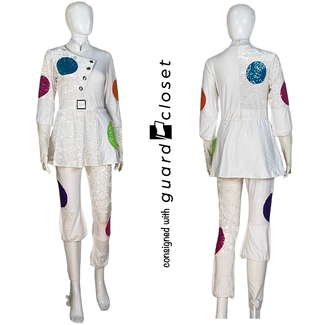 38 Long Sleeve White Skirted unitards with multi color circle accents by Dance Sophisticates