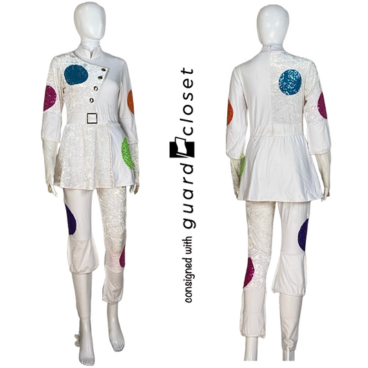 38 Long Sleeve White Skirted unitards with multi color circle accents by Dance Sophisticates