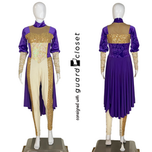 Load image into Gallery viewer, 19 Purple Gold Skirted Long Sleeve Unitards by Showday
