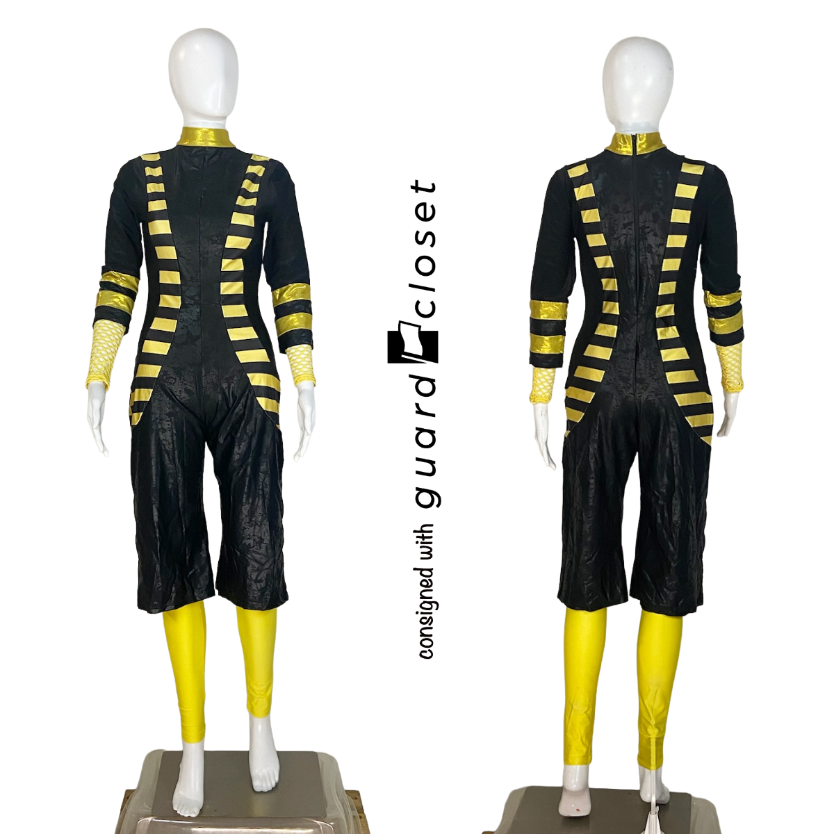 15 Gold Black Rompers with Leggings and Black Bib Pants with Gold Black Zip Up Tops by Creative Costuming & Designs