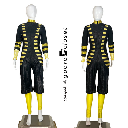 15 Gold Black Rompers with Leggings and Black Bib Pants with Gold Black Zip Up Tops by Creative Costuming & Designs