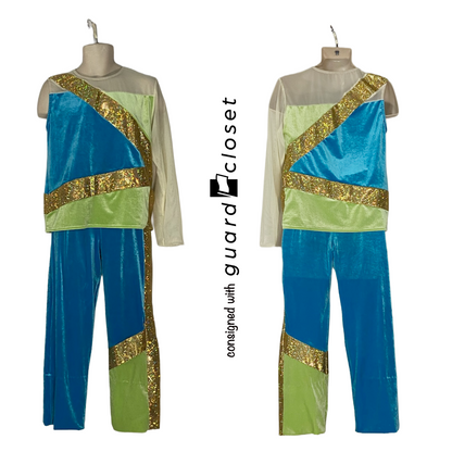 18 Blue Green Gold Beige Asymmetrical Sleeve Unitards + Top/Pants by A Wish Come True