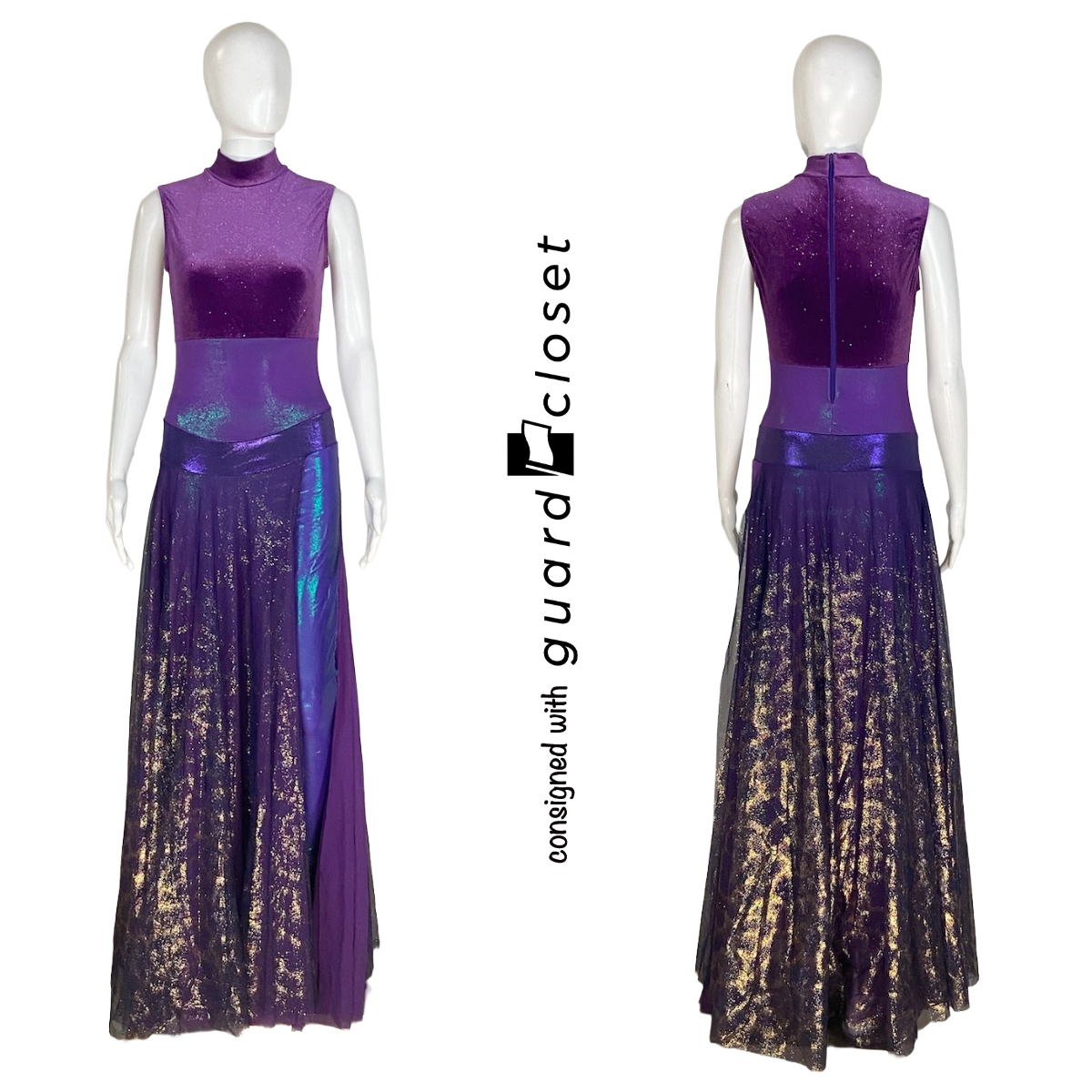 13 Purple Gold Sleeveless Skirted Unitards + 1 Bib Pants and Sleeveless Top  by Creative Costuming & Designs