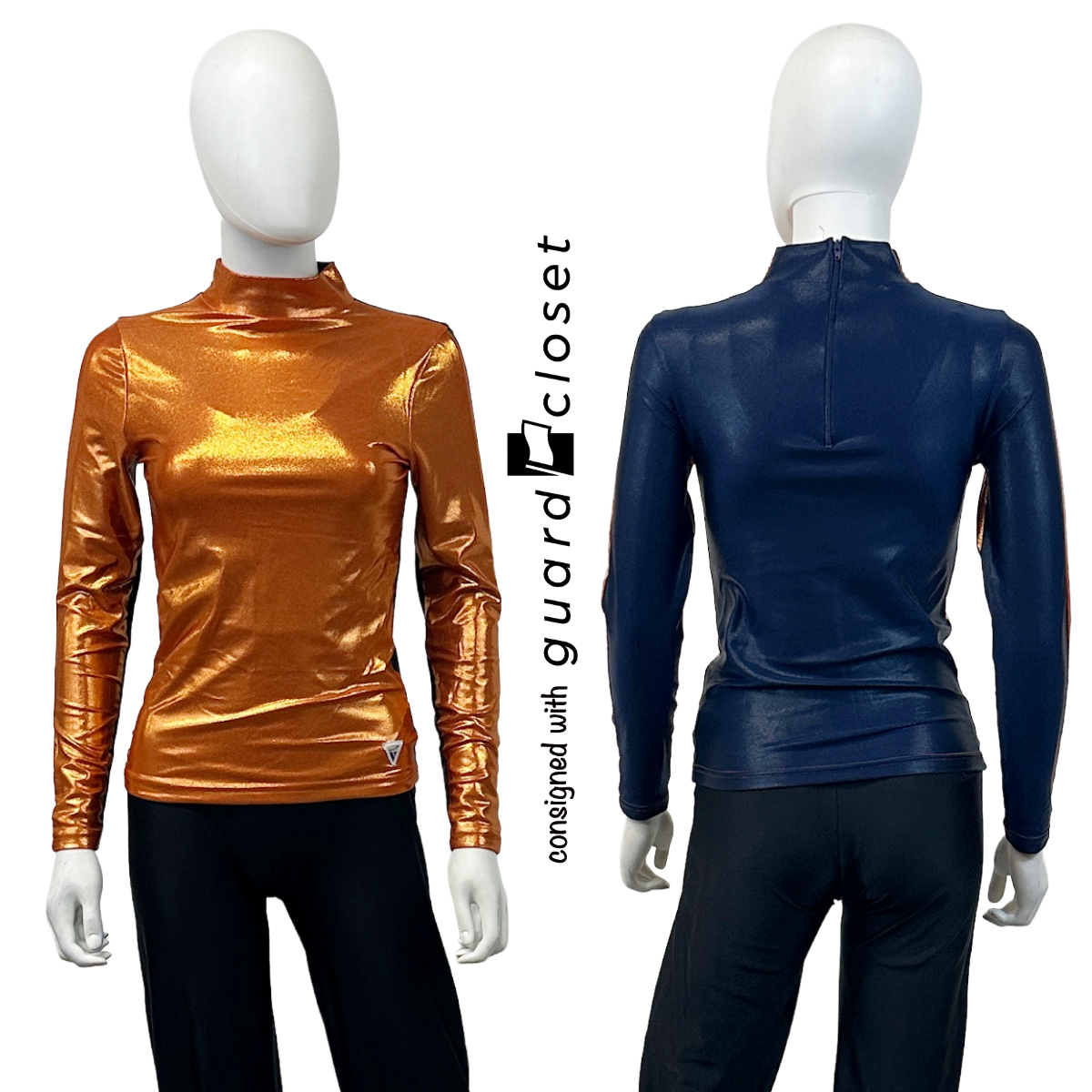 20 Long-sleeve orange metallic front and navy metallic back marching tops by Varsity