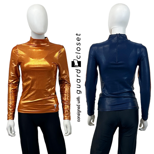 20 Long-sleeve orange metallic front and navy metallic back marching tops by Varsity