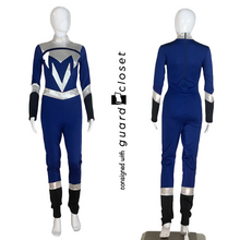 Load image into Gallery viewer, 16 Blue Silver Superhero Unitards with Detachable Silver Capes by Georgie Girl
