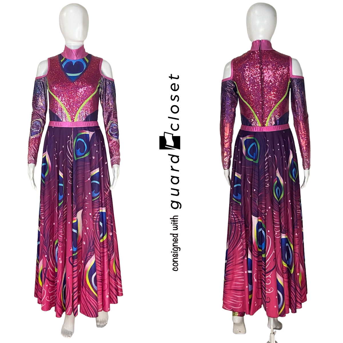 Pink Purple Blue Silver Peacock Bird Skirted Open Shoulder and Sleeveless Unitards  | Dance Sophisticates | Set of 15