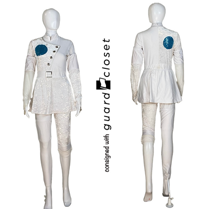 38 Long Sleeve White Skirted unitards with multi color circle accents by Dance Sophisticates