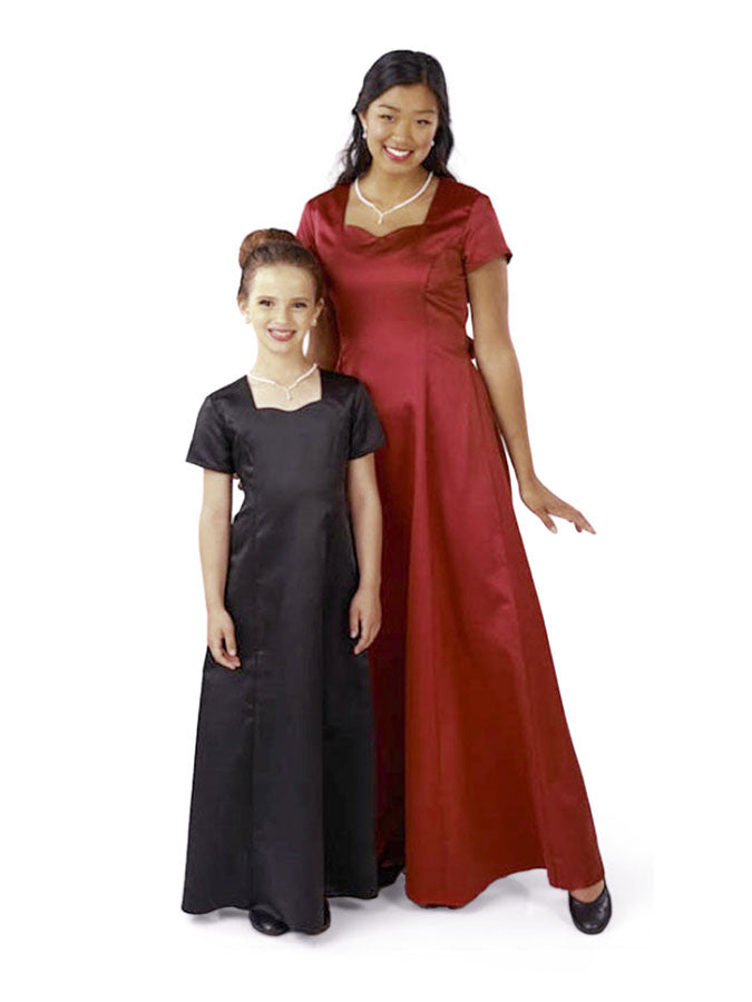 SARAH (Style #203) - Sweetheart Neck, Short Sleeve Satin Dress Cousins Concert Attire