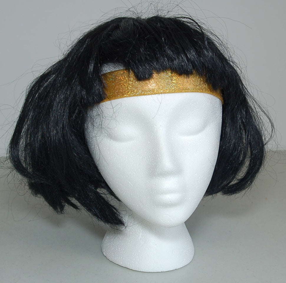 25 Black Wigs/42 Lycra Headbands + 1 Bag Asst. Gold Lycra Cuffs/bands/strips guardcloset
