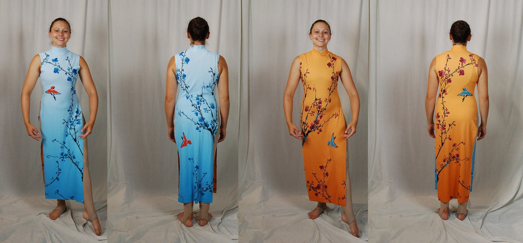 19 blue/orange reversible cherry blossom tunics R&S Marching Arts